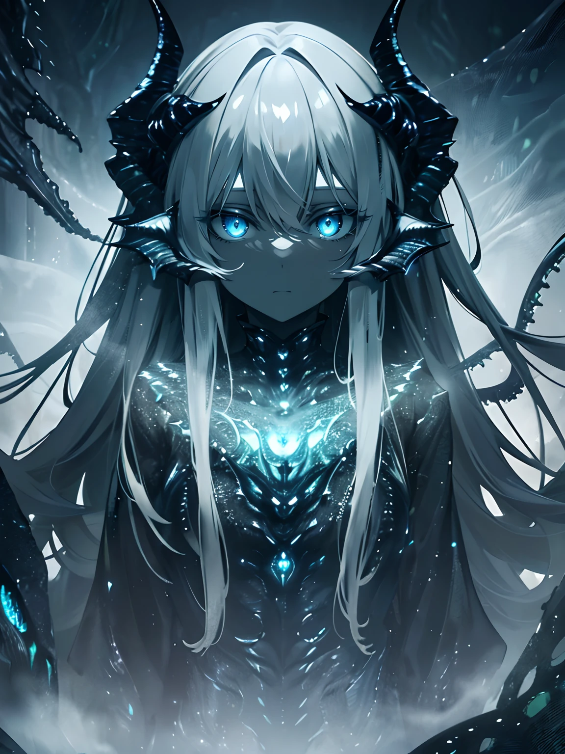 (masterpiece,best quality,ultra-detailed),1girl,smirk, insect body,(red body centipede creature),insectoid,beautiful and detailed face, detailed eyes,silver hair,glowing eyes,(grey theme),in a dark cave,ancient temple,((jellyfish girl))