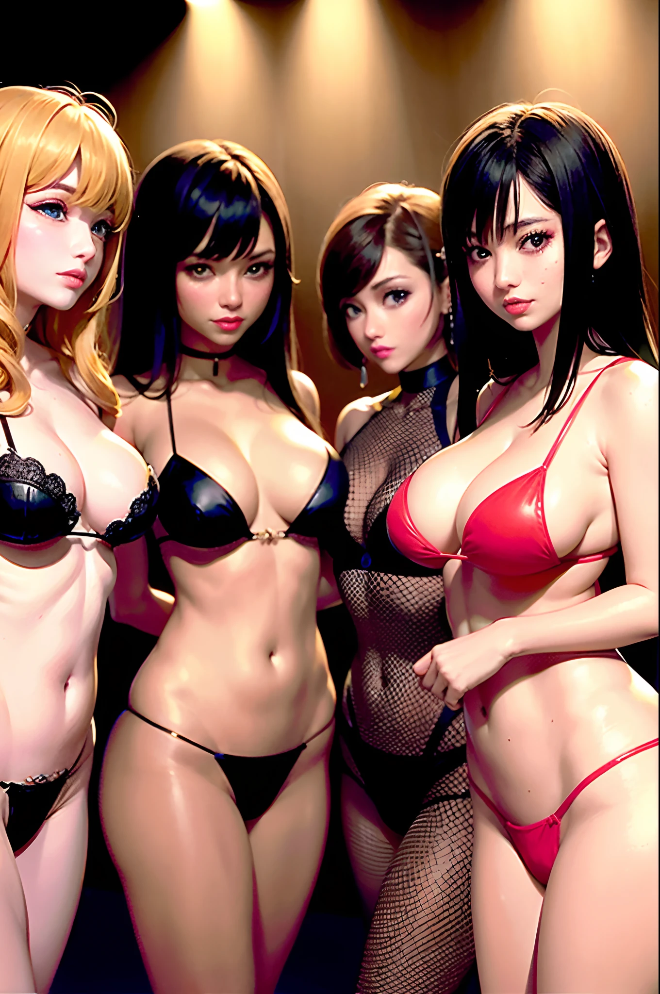 in group photograph、5 women in close contact(masutepiece), (Best Quality),BRAEK Adult makeup、eyeshadows、eye line、Teardrop Bag Makeup、shiny lip 25 years undergarment heel Colossal tits BRAEK Hostess Club Background、nightclubs Out-of-focus background
