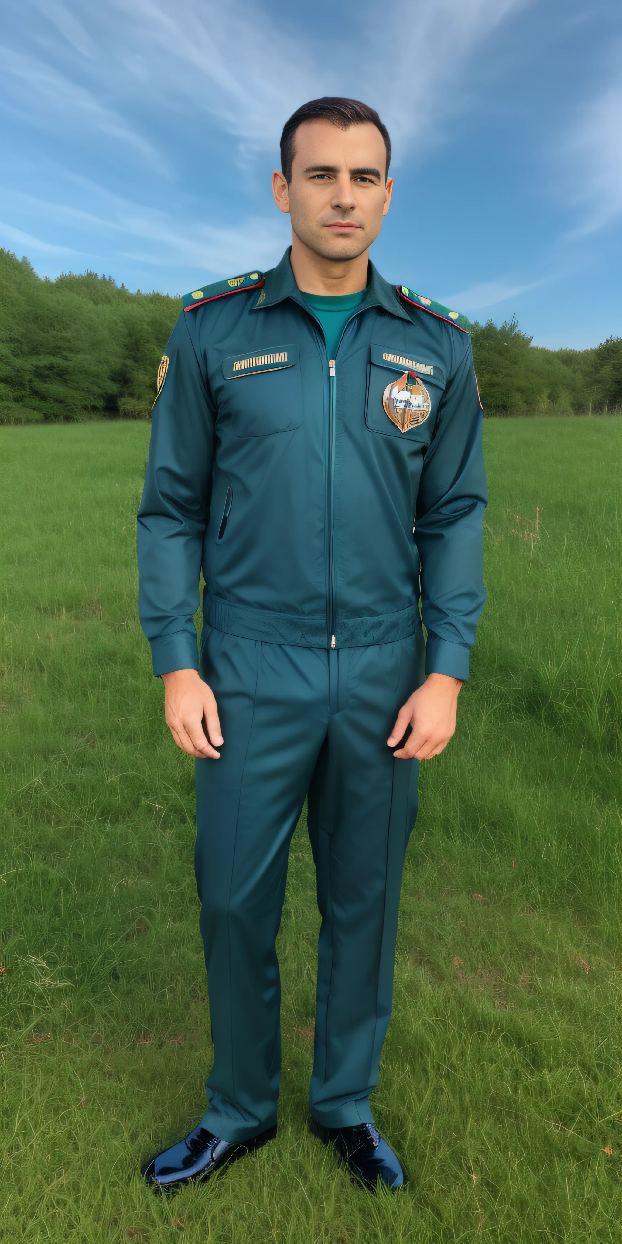Arafed, Man in green uniform , pants , Full Uniform, teal uniform, Technical suit, Patent leather shoes, Standing in the grass, Nature, woods, grass