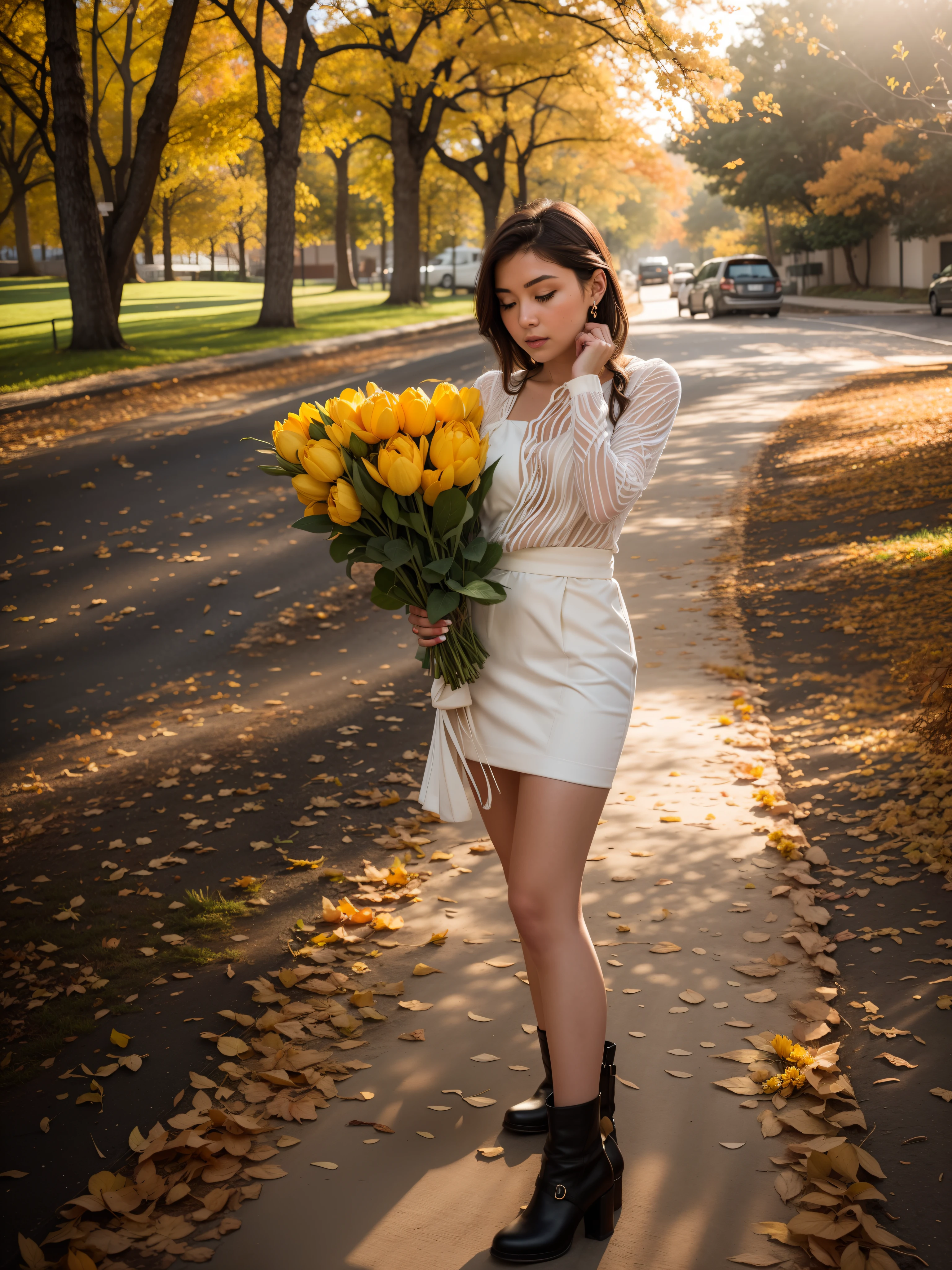 A woman is standing on the path, holding a bouquet of flowers, with flowers, autumn season, handsome girl, a handsome female, in the autumn, in the autumn, anna nikonova, beautiful sunny day, sweet woman, autum, autumn season, carrying flowers, Sweet girl, by Igor Grabar, very beautiful photo, in the autumn, Autumn Landscape, bokeh background