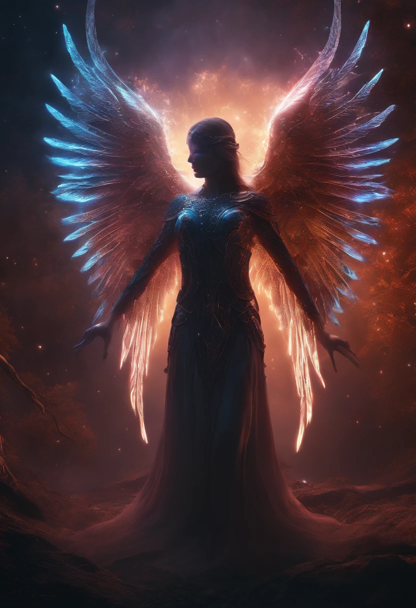 Cosmic Fallen Angel, glowing light eyes, Biomechanical, eerie, Creepy, nightmarish, Very bright colors, Light particles, with light glowing, Mshiff, wallpaper art, UHD wallpaper