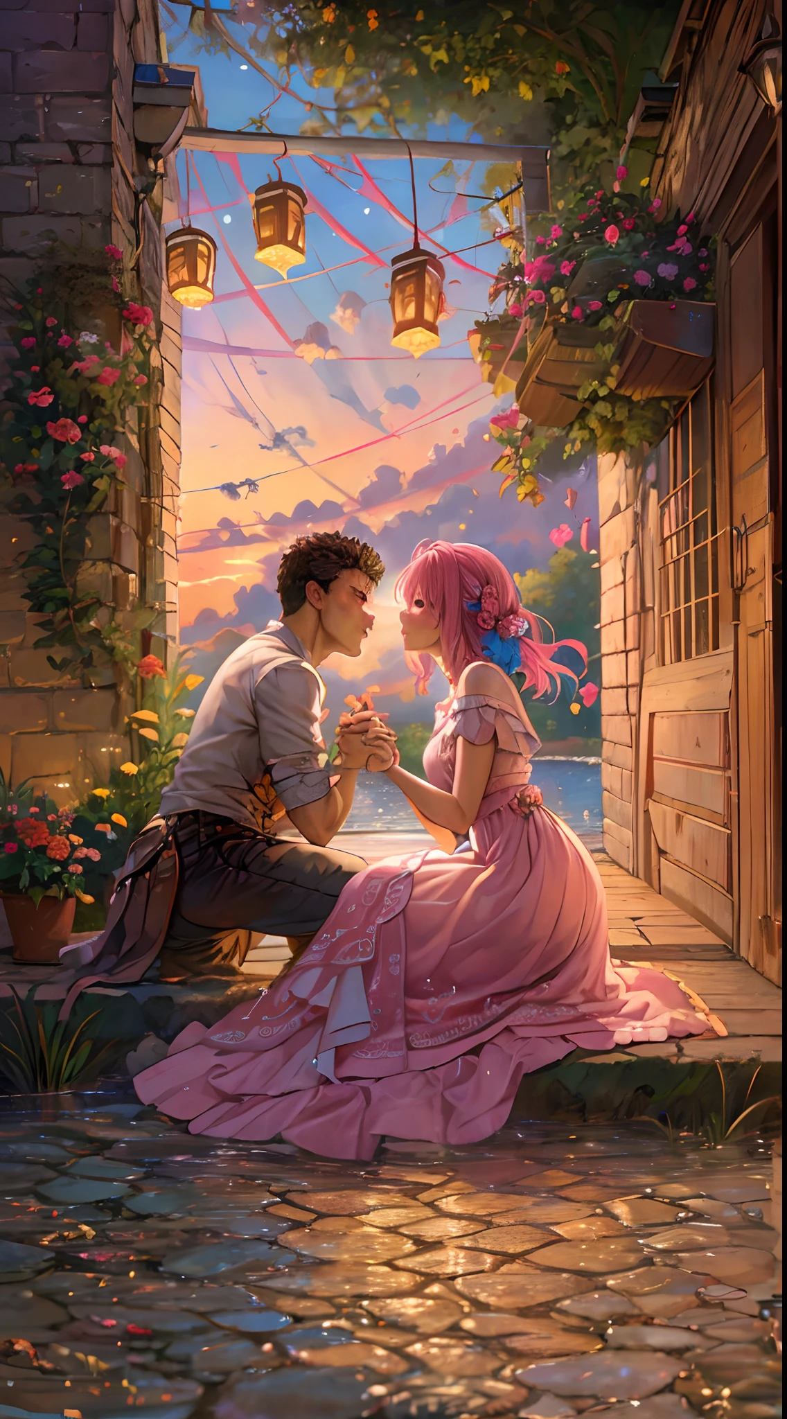 riamu,guts,couple,husband and wife,love dovey couple,sitting,hug,kiss,smile,(best quality,4k,8k,highres,masterpiece:1.2),ultra-detailed,(realistic,photorealistic,photo-realistic:1.37),traditional oil painting,romantic evening scene,soft lighting,vivid colors,expressive brushstrokes,late summer sunset,whispering sweet nothings,gentle breeze,dreamlike atmosphere,glowing warmth,subtle smiles,loving gazes,delicate touch,fingers intertwined,heartfelt connection,embrace that speaks volumes,endless love,unbreakable bond,pure happiness,eternal love,deep affection,contentment in each other's arms,goosebumps of joy,cheeks filled with blush,a moment frozen in time,celebration of love's beauty