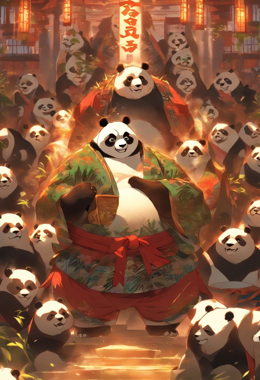 Homem-fera panda, em uma postura de luta de sumo, em um templo, to stand, Panda-gigante, feroz, cicatrizes pelo corpo todo, 4k imagem, Estilo anime