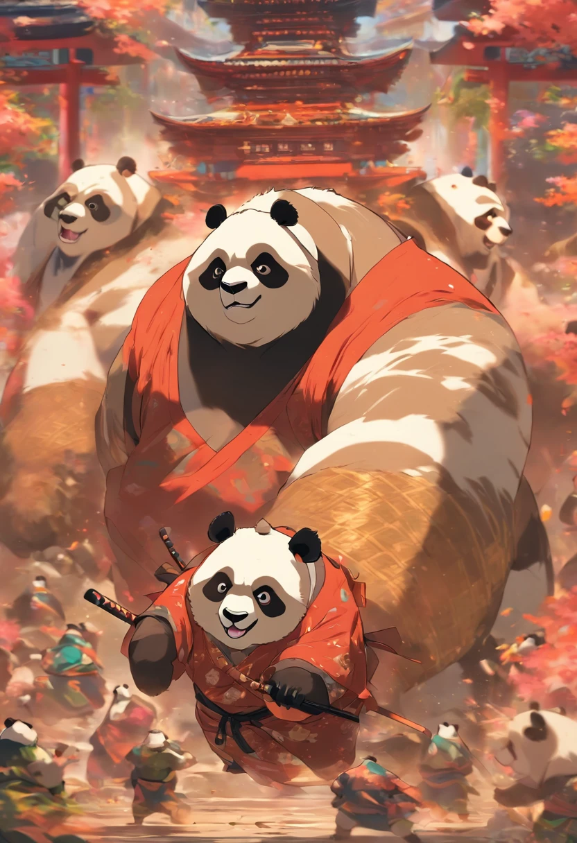 Homem-fera panda, em uma postura de luta de sumo, em um templo, to stand, Panda-gigante, feroz, cicatrizes pelo corpo todo, 4k imagem, Estilo anime