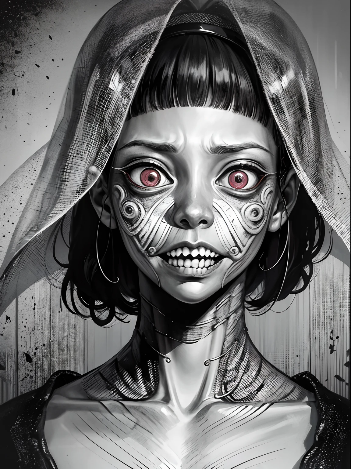 close-up, surreal, a shintaro kago, a school girl, horror anime, horror manga, Surrealism etc