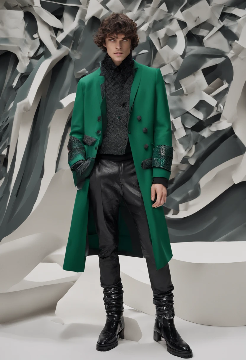 Visualiza una imagen en la que un hombre se encuentra en el centro de la escena, vistiendo un conjunto de prendas de estilo urbano que evoca la creatividad de Alexander McQueen. The color palette leans towards cool tones, pero el color verde destaca como protagonista absoluto en su atuendo.

Sus pantalones, holgados y sueltos, They show irregular closures that add a touch of originality and rebellion to their style. En sus pies, Wear boots that fuse elements of traditional fashion with a design inspired by artificial intelligence, creating a futuristic and unique look.

La chaqueta que viste es voluminosa, recordando a los abrigos de invierno, but with organic textures that provide a sense of contrast and sophistication. Este conjunto de prendas es verdaderamente singular, representing the confluence of contemporary fashion and the influence of artificial intelligence on design.

En esta imagen, el hombre modelo se convierte en un icono de la moda, confidently displaying an outfit that embodies innovation, Creativity and the vision of a stylized future."