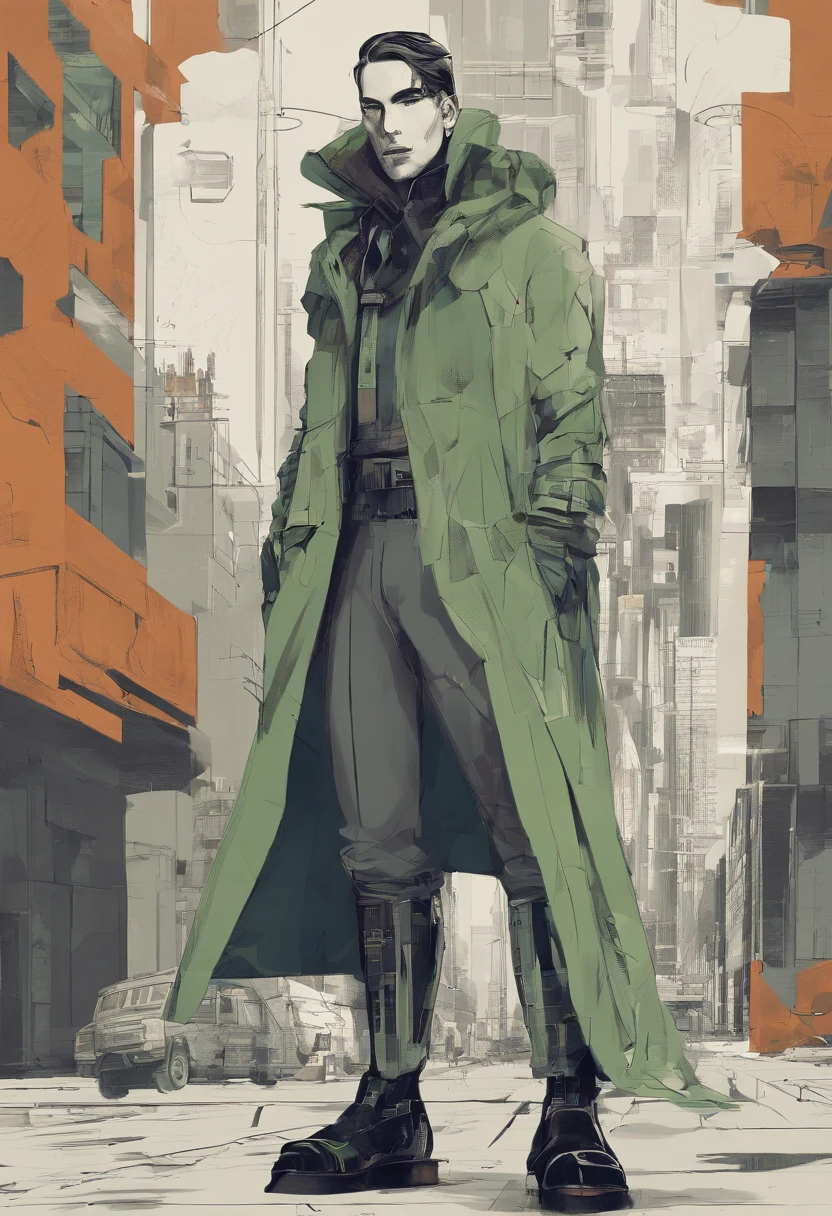 Visualiza una imagen en la que un hombre se encuentra en el centro de la escena, vistiendo un conjunto de prendas de estilo urbano que evoca la creatividad de Alexander McQueen. The color palette leans towards cool tones, pero el color verde destaca como protagonista absoluto en su atuendo.

Sus pantalones, holgados y sueltos, They show irregular closures that add a touch of originality and rebellion to their style. En sus pies, Wear boots that fuse elements of traditional fashion with a design inspired by artificial intelligence, creating a futuristic and unique look.

La chaqueta que viste es voluminosa, recordando a los abrigos de invierno, but with organic textures that provide a sense of contrast and sophistication. Este conjunto de prendas es verdaderamente singular, representing the confluence of contemporary fashion and the influence of artificial intelligence on design.

En esta imagen, el hombre modelo se convierte en un icono de la moda, confidently displaying an outfit that embodies innovation, Creativity and the vision of a stylized future."