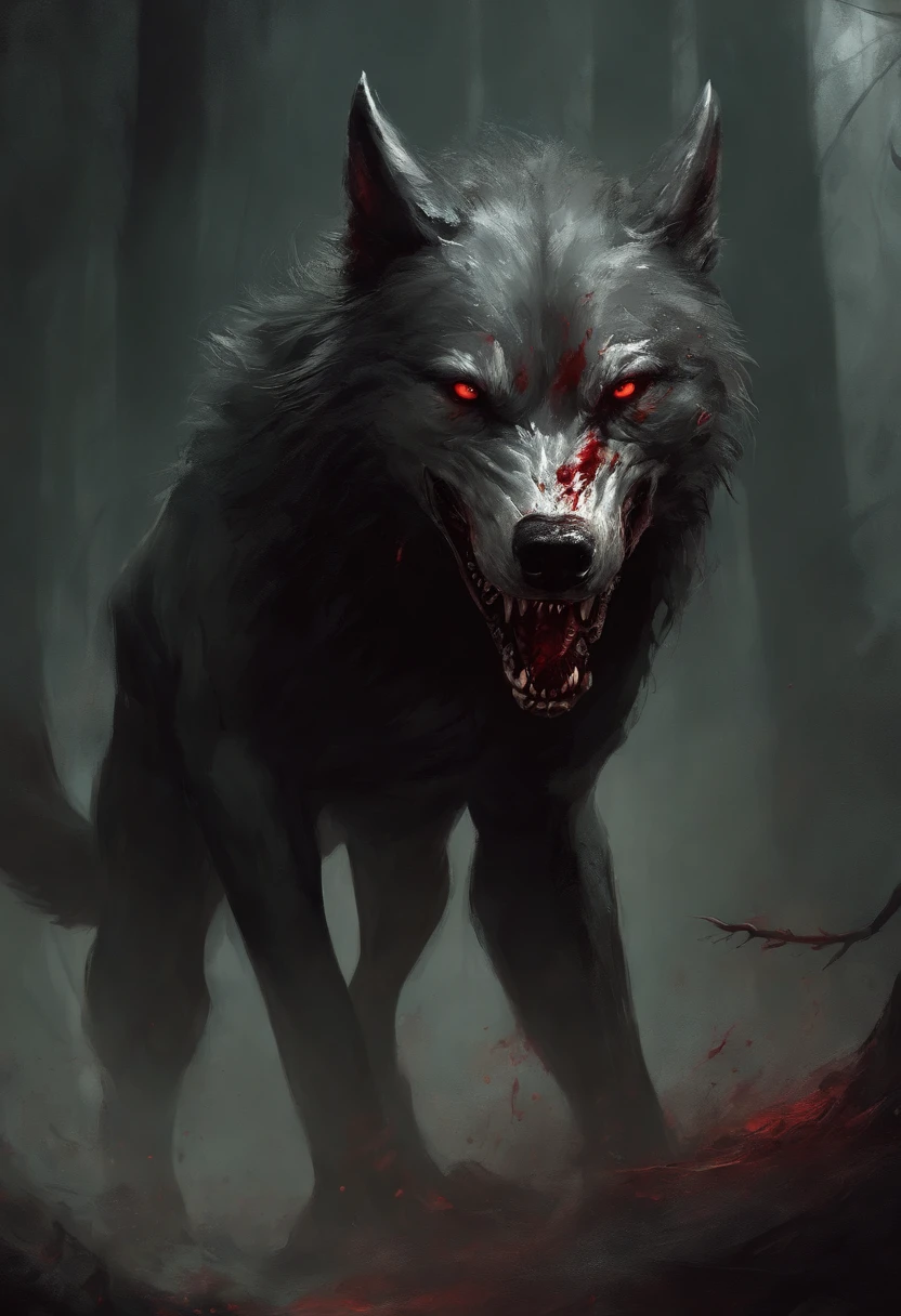 A painting of a really mest up wolf with a bloodied face and a bloodied head, carnage, Sci - Horror Art of Fiction, Science fiction horror artwork, inspired by Aleksi Briclot, Crocs de carnage, Horror fantasy art, par Aleksi Briclot, Horror concept art, venin, Art fantastique et horreur, Detailed illustration of 4K horror, Demonic creature, Dark Fantasy Horror Art