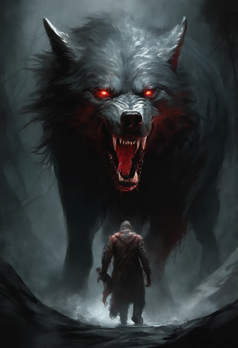 A painting of a really mest up wolf with a bloodied face and a bloodied head, carnage, Sci - Horror Art of Fiction, Science fiction horror artwork, inspired by Aleksi Briclot, Crocs de carnage, Horror fantasy art, par Aleksi Briclot, Horror concept art, venin, Art fantastique et horreur, Detailed illustration of 4K horror, Demonic creature, Dark Fantasy Horror Art