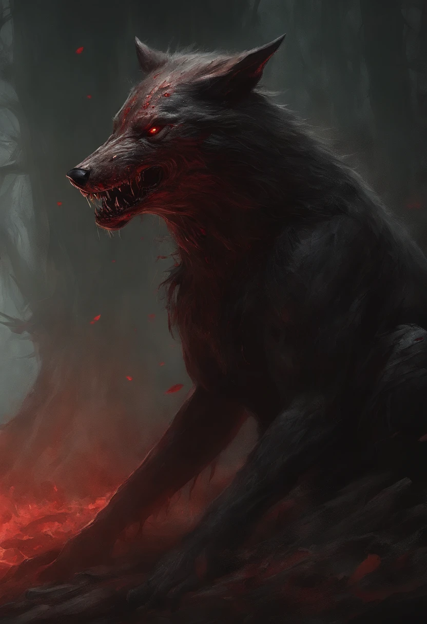 A painting of a really mest up wolf with a bloodied face and a bloodied head, carnage, Sci - Horror Art of Fiction, Science fiction horror artwork, inspired by Aleksi Briclot, Crocs de carnage, Horror fantasy art, par Aleksi Briclot, Horror concept art, venin, Art fantastique et horreur, Detailed illustration of 4K horror, Demonic creature, Dark Fantasy Horror Art