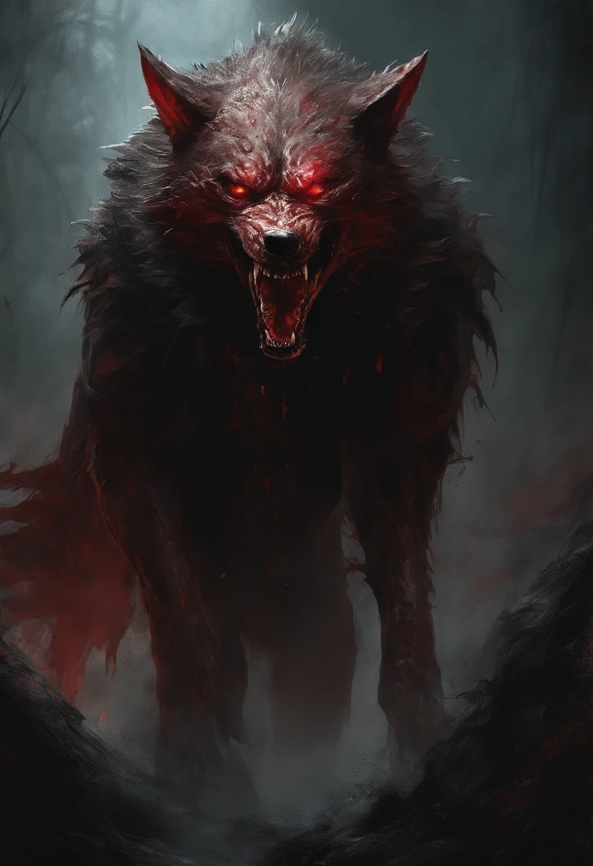 A painting of a really mest up wolf with a bloodied face and a bloodied head, carnage, Sci - Horror Art of Fiction, Science fiction horror artwork, inspired by Aleksi Briclot, Crocs de carnage, Horror fantasy art, par Aleksi Briclot, Horror concept art, venin, Art fantastique et horreur, Detailed illustration of 4K horror, Demonic creature, Dark Fantasy Horror Art