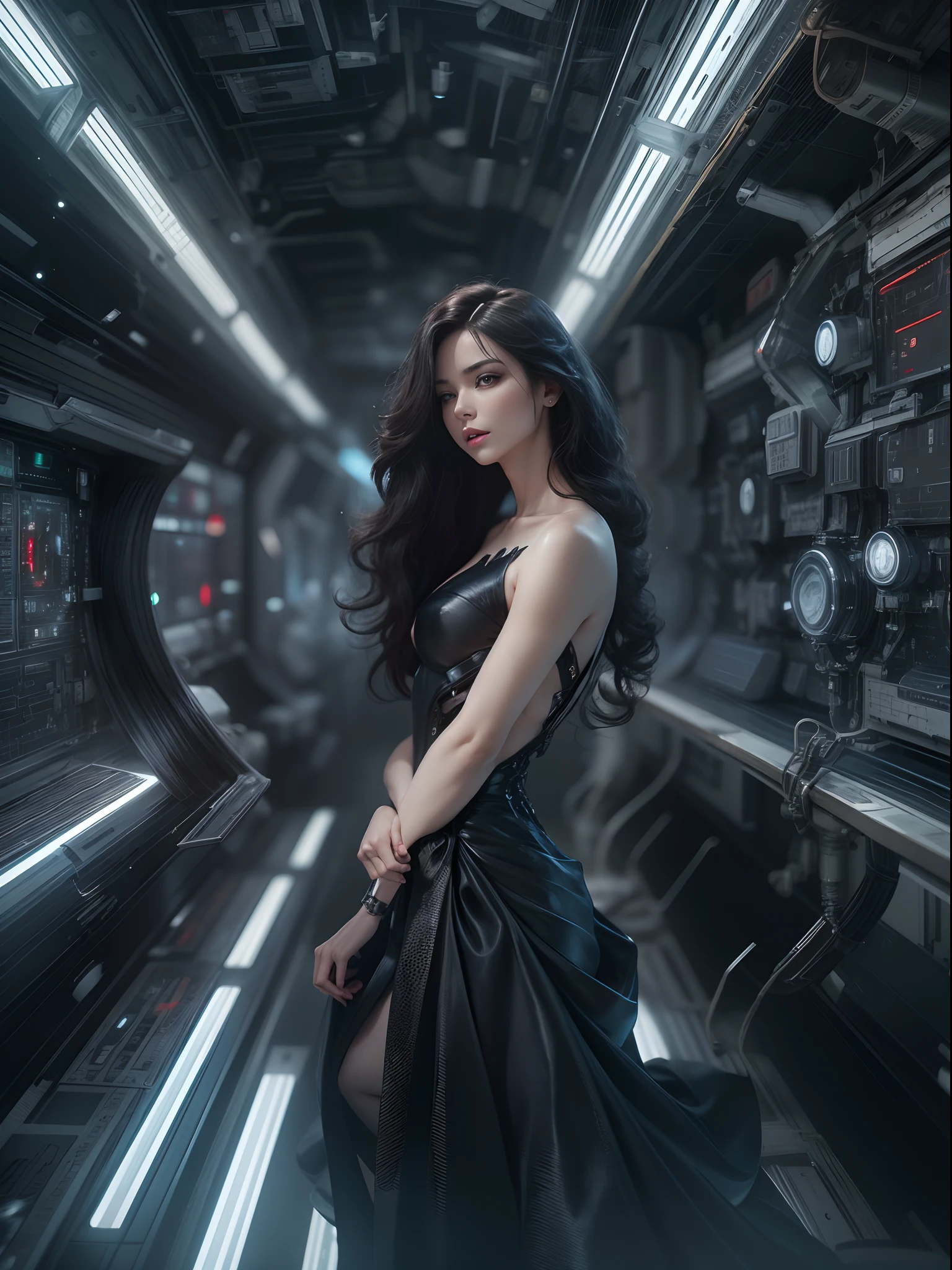 (Best Quality), Masterpiece, 8K, RAW, Stunning Black Silk Bride Naked,(Photo-realistic), Black silk Dress, Black long Hair, zero-gravity, Full-Body Portrait, dramatic Lighting, Mecha-Implants, (Cybernetics:1.2), Space-station, Particles floating in Air
