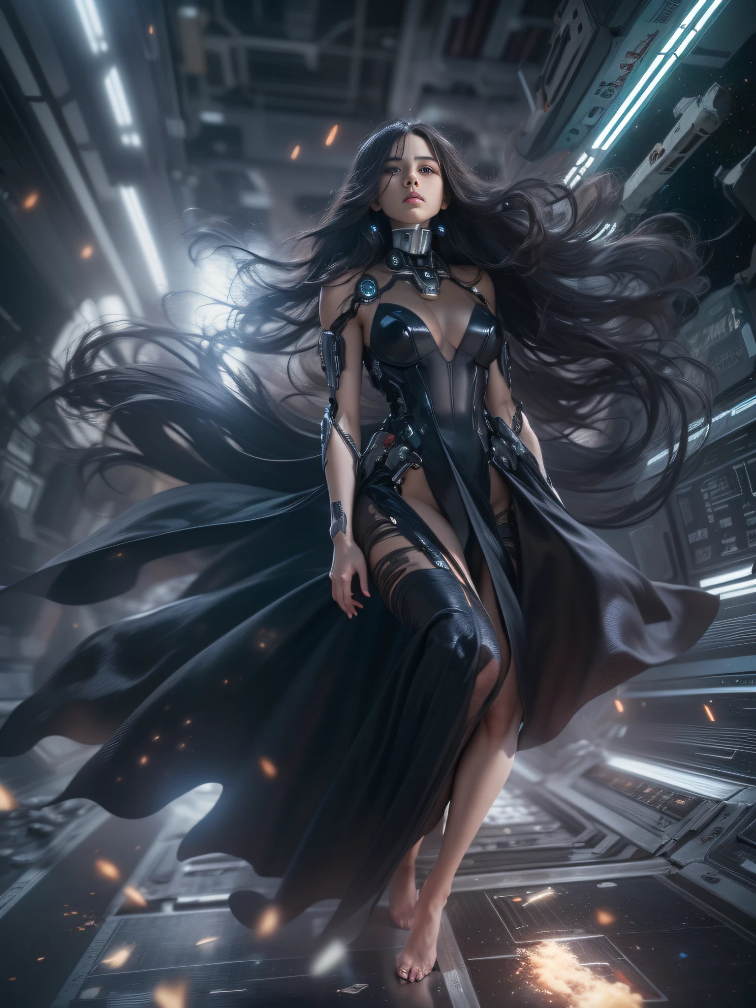 (Best Quality), Masterpiece, 8K, RAW, Stunning Black Silk Bride Naked，(Photo-realistic), Black silk Dress, Black long Hair, zero-gravity, Full-Body Portrait, dramatic Lighting, (Mecha:1.4), (Cybernetics:1.2), Space-station, Explosion in Background, Particles floating in Air