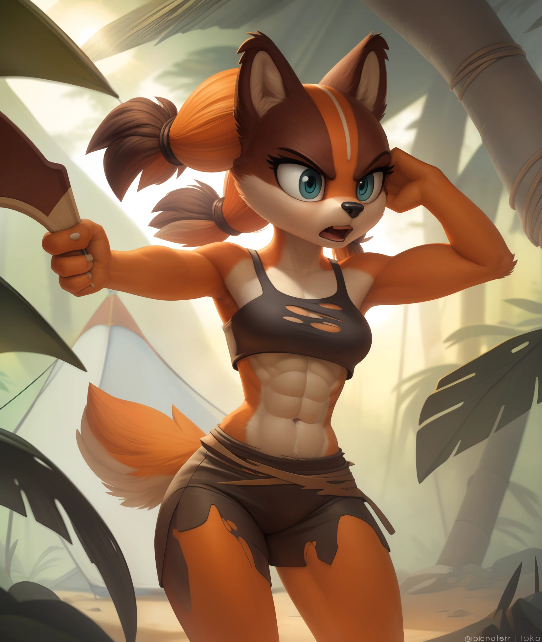 [sticks the badger], [Uploaded to e621.net; (Pixelsketcher), (wamudraws)], ((masterpiece)), ((HD)), ((High Quality)), ((solo portrait)), ((front view)), ((furry; anthro)), ((detailed fur)), ((detailed shading)), ((beautiful render art)), {anthro; (brown and orange fur), (multi-colored fur), (black nose), (twintails), (cute teal eyes), (expressionless), (angry), (raised eyebrow), (short tail), (beautiful legs), (beautiful abs), (happy trail), (defined leg muscles)}, {(grey pelt bandeau), small boobs, (midriff), (brown pelt pencil skirt), (torn skirt)}, {(standing), (looking at viewer)}, [background; (tent), (tropical forest), (sun rays)]