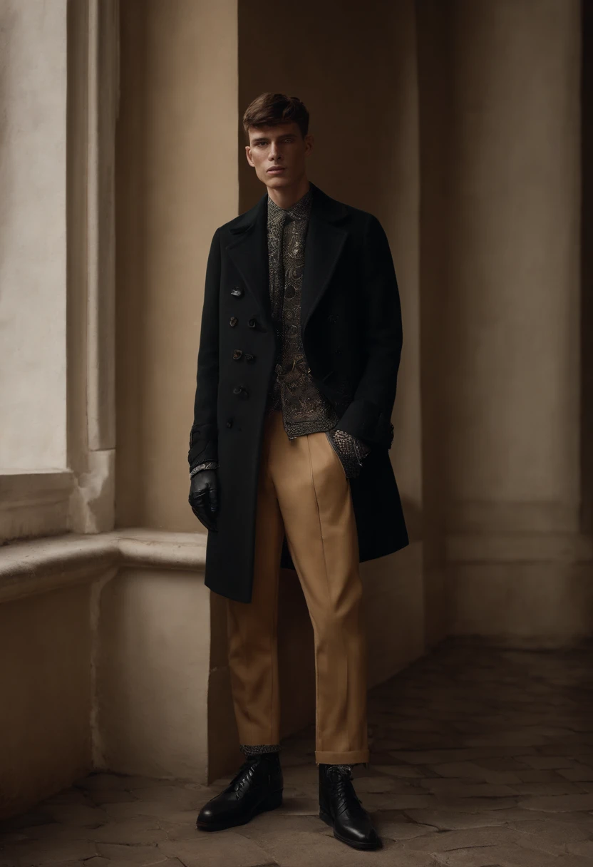 Visualiza una imagen en la que un hombre se encuentra en el centro de la escena, vistiendo un conjunto de prendas de estilo urbano que evoca la creatividad de Alexander McQueen. The color palette leans towards cool tones, pero el color verde destaca como protagonista absoluto en su atuendo. Sus pantalones, holgados y sueltos, They show irregular closures that add a touch of originality and rebellion to their style. En sus pies, Wear boots that fuse elements of traditional fashion with a design inspired by artificial intelligence, creating a futuristic and unique look. La chaqueta que viste es voluminosa, recordando a los abrigos de invierno, but with organic textures that provide a sense of contrast and sophistication. Este conjunto de prendas es verdaderamente singular, representing the confluence of contemporary fashion and the influence of artificial intelligence on design. En esta imagen, el hombre modelo se convierte en un icono de la moda, confidently displaying an outfit that embodies innovation, Creativity and the vision of a stylized future."