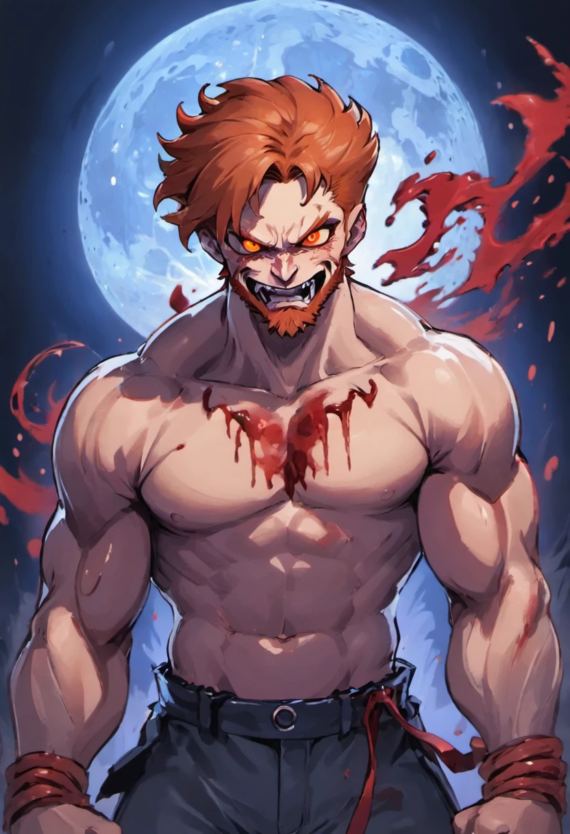 ginger hair, demon, white muscular body, martial arts posture, blood bender, malevolent smile, beared, red eyes, mist background, full blue moon shinning at the top