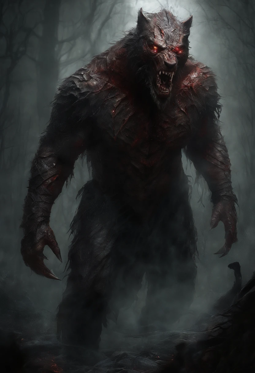 A painting of a really mest up wolf with a bloodied face and a bloodied head, carnage, Sci - Horror Art of Fiction, Science fiction horror artwork, inspired by Aleksi Briclot, Crocs de carnage, Horror fantasy art, par Aleksi Briclot, Horror concept art, venin, Art fantastique et horreur, Detailed illustration of 4K horror, Demonic creature, Dark Fantasy Horror Art