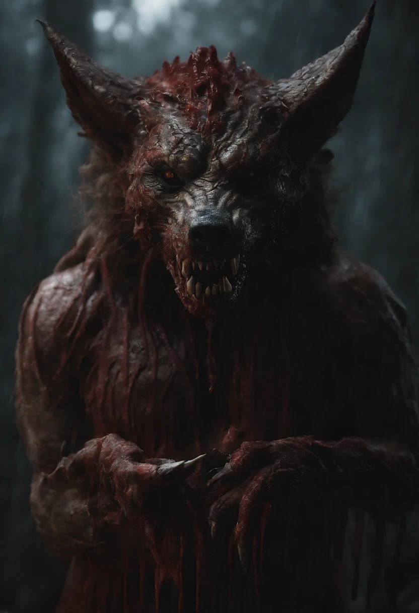 A painting of a really mest up wolf with a bloodied face and a bloodied head, carnage, Sci - Horror Art of Fiction, Science fiction horror artwork, inspired by Aleksi Briclot, Crocs de carnage, Horror fantasy art, par Aleksi Briclot, Horror concept art, venin, Art fantastique et horreur, Detailed illustration of 4K horror, Demonic creature, Dark Fantasy Horror Art