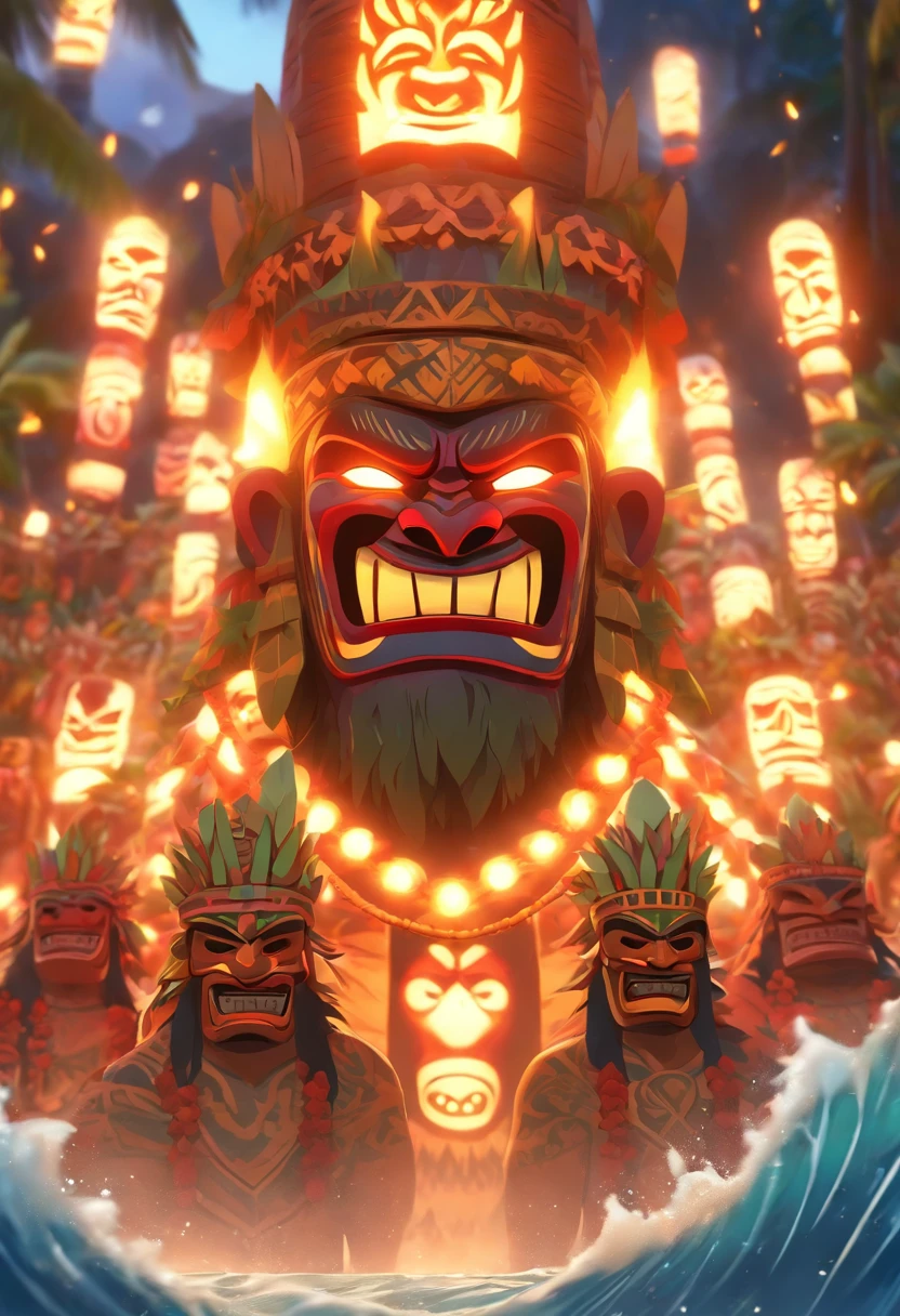 (((Hawaiian Ritual))) best quality, ultra-high resolution, 4K detailed CG, master piece, Man wearing a tribal mask, underworld, dark atmosphere, Dark weather, Hawaiian Totem, Tiki Totem, Tiki mask, Hawaiian clothing, Hawaii , Maori tattoos, Maori mythology, ((Tribal mask)), Maori image style, aesthetic, screen-centered, full body