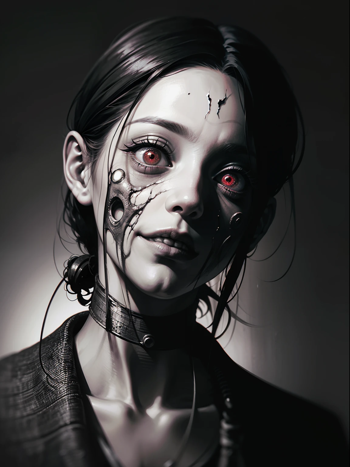 cyberpunk feminino, com fios saingo, mandibles, dentes afiados, Filme de Horror, animatronic, filme gore, filmado com panavision, biomechanico, HR giger style, goth, industrial, sci fi, monocromatic, estilo VHS antigo, choro, soio, triste, Industrial Gothic, industrial, cheirando para o jantar, lado a lado, fechado, cheirando para o jantar, imagem frontal, red, neon pink lights in the background , closed up face