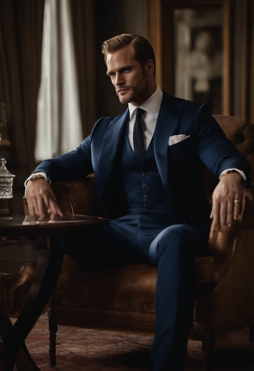 A 36 year old man, bearded, very Handsome, blonde, blue eyes, muscled, five fingers, white sock, Ultra-thin tights(Detailed eyes:1.3), full body Esbian,Character sitting on a chair with arms raised, Nice Pose, Handsome man, Pretty Face, royal elegant pose, businessman, (In a striped blazer), (The surrounding environment is a luxurious and classic living room) (Sandtone imagery) Alexander Skarsgård face lookalike, Henry Cavill face lookalike, ultra realistic, royalty prince looking, old money aesthetic, Swedish looking, Joel Kinnaman lookalike, classy suit, Rolex, classic car in the background, royalty looking, wearing Ralph Lauren suit