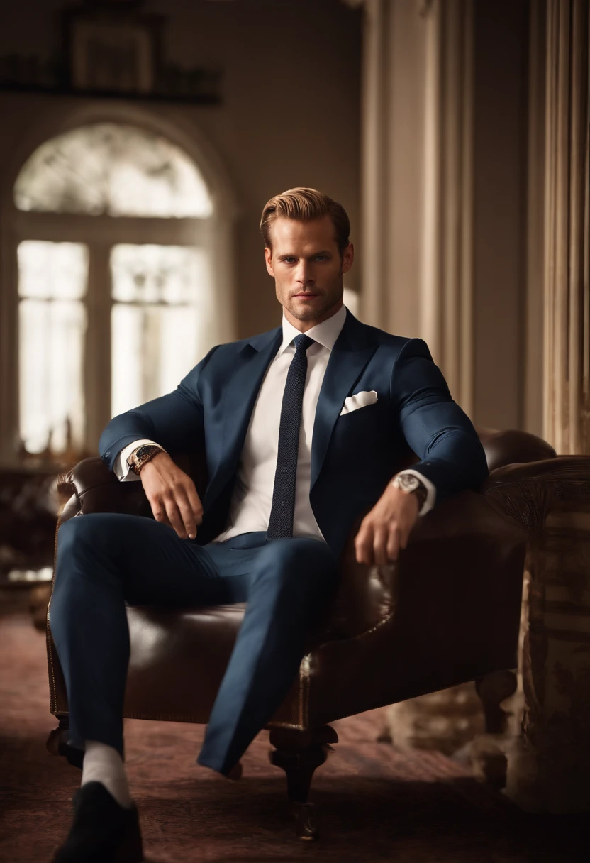 A 36 year old man, bearded, very Handsome, blonde, blue eyes, muscled, five fingers, white sock, Ultra-thin tights（Detailed eyes：1.3), full body Esbian，Character sitting on a chair with arms raised, Nice Pose, Handsome man, Pretty Face, royal elegant pose, businessman, (In a striped blazer), (The surrounding environment is a luxurious and classic living room) (Sandtone imagery) Alexander Skarsgård face lookalike, Henry Cavill face lookalike, ultra realistic, royalty prince looking, old money aesthetic, Swedish looking, Joel Kinnaman lookalike, classy suit, Rolex, classic car in the background, royalty looking, wearing Ralph Lauren suit