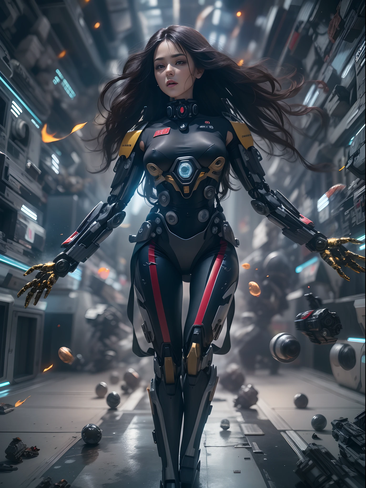 (Best Quality), Masterpiece, 8K, RAW, Stunning Black Silk Bride Naked，(Photo-realistic), Black silk Dress, Black long Hair, zero-gravity, Full-Body Portrait, dramatic Lighting, (Mecha:1.4), (Cybernetics:1.2), Space-station, Explosion in Background, Particles floating in Air