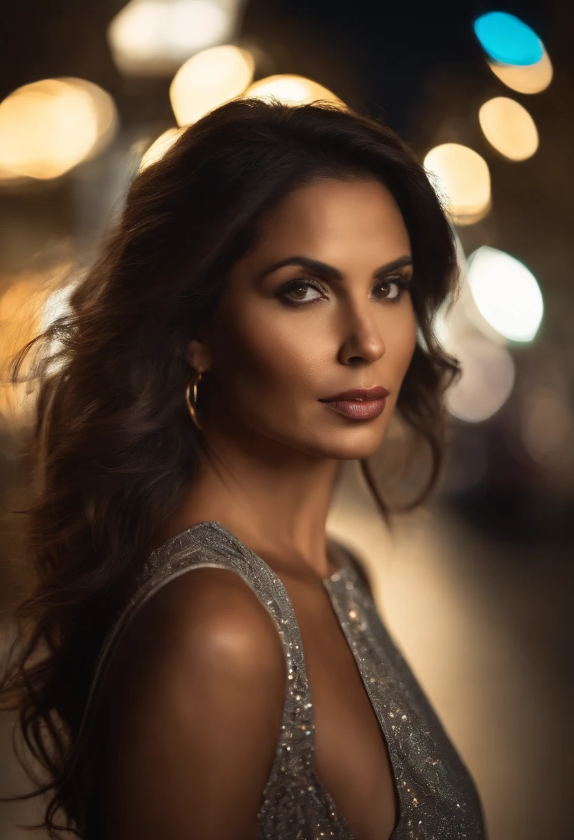 (sharp focus:1.2), photo, attractive 40 yo brazilian woman, (beautiful face:1.1), detailed eyes, luscious lips, (cat eye makeup:0.85), (large eyes:1.0), (toned body:1.2), (long hair:1.2), (curvy body :1.2), wearing (romper:1.2) on a (street:1.2). (moody lighting:1.2), depth of field, bokeh, 4K, HDR. by (James C. Christensen:1.2|Jeremy Lipking:1.1).