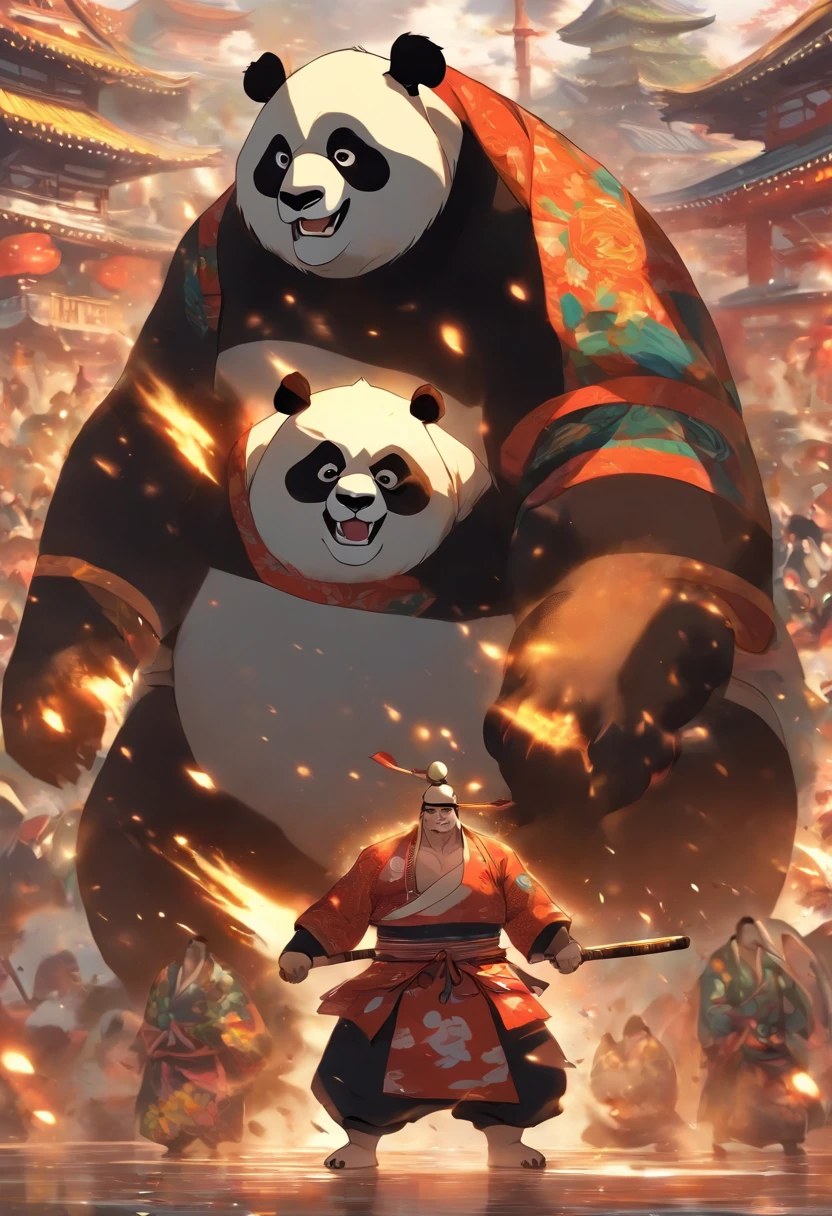 Homem-fera panda gigante, Panda antropomorfo, lutador, em uma postura de luta de sumo, em um templo, to stand, feroz, serio, cicatrizes pelo corpo todo, 4k imagem, Estilo anime