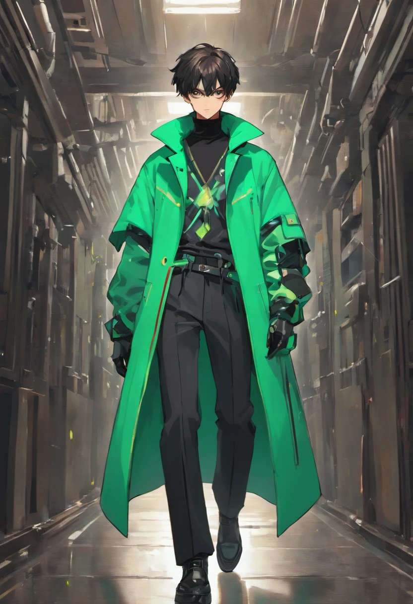 Visualiza una imagen en la que un hombre se encuentra en el centro de la escena, vistiendo un conjunto de prendas de estilo urbano que evoca la creatividad de Alexander McQueen. The color palette leans towards cool tones, pero el color verde destaca como protagonista absoluto en su atuendo. Sus pantalones, holgados y sueltos, They show irregular closures that add a touch of originality and rebellion to their style. En sus pies, Wear boots that fuse elements of traditional fashion with a design inspired by artificial intelligence, creating a futuristic and unique look. La chaqueta que viste es voluminosa, recordando a los abrigos de invierno, but with organic textures that provide a sense of contrast and sophistication. Este conjunto de prendas es verdaderamente singular, representing the confluence of contemporary fashion and the influence of artificial intelligence on design. En esta imagen, el hombre modelo se convierte en un icono de la moda, confidently displaying an outfit that embodies innovation, Creativity and the vision of a stylized future."