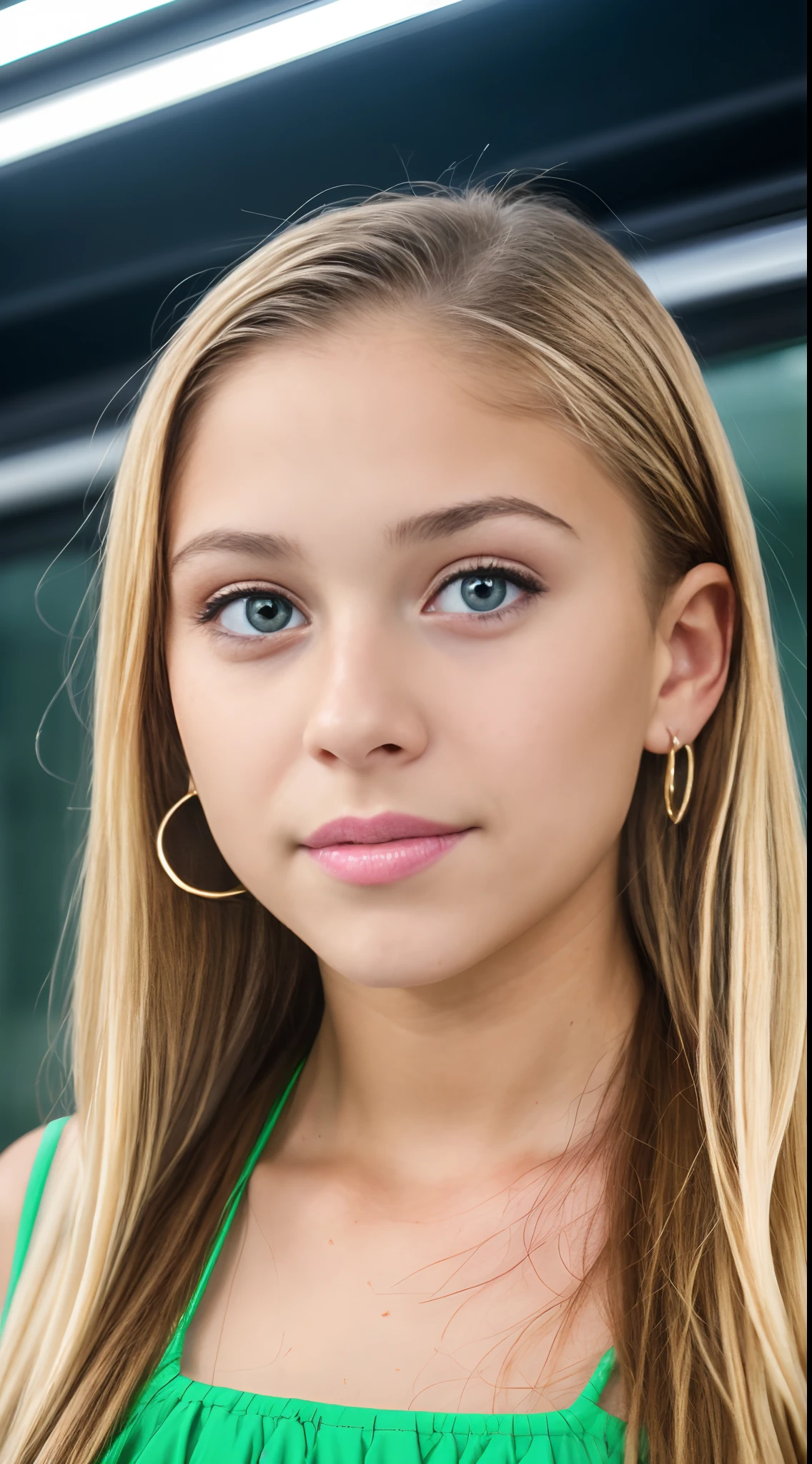 ((Pre-teen)), beautiful girl, model body, freckles on her face, light green eyes, small breasts, large earrings, spaghetti strap mini dress, black tights, high heel boots, full body, photos of short, very light skin, very long hair, wavy hair, blonde hair, busy subway car, photorealistic, indirect lighting, volumetric light, ray tracing, hyperdetailed, best quality, ultra-high resolution, HDR, 8k