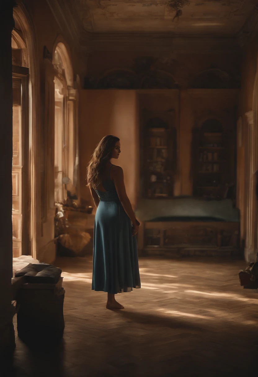 ((master part)),(((melhor qualidade))),((ultra-detalhado)),1girl, sozinho, barefoot, Standing, Building, sorrir, cabelos flutuantes, Dutch angle, boca fechada, Desviando o olhar, ao ar livre