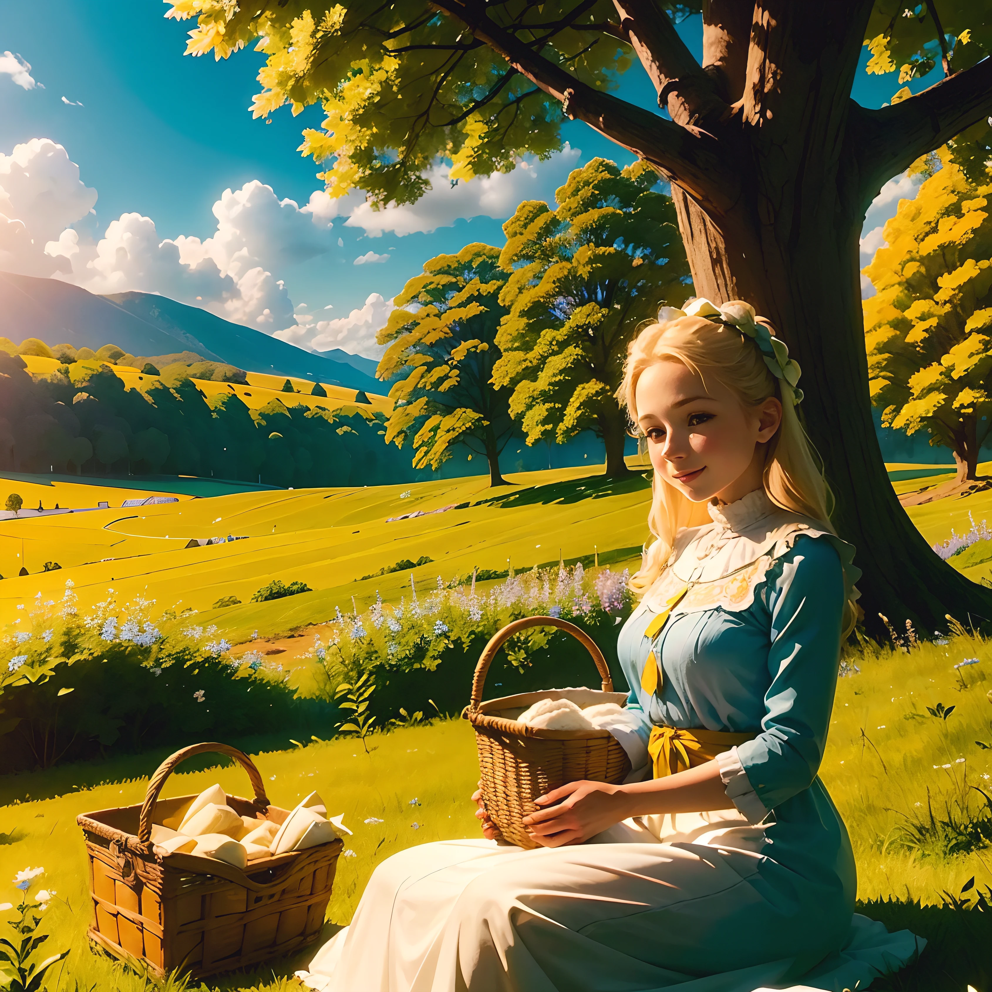best quality,ultra-detalhado,retrato,vivid colors,realistic lighting,Beautiful blonde girl with detailed facial features,expression joyful,vestido da menina do campo,cotton dress,segurando um balde de leite,sorriso natural,paisagem campestre com colinas ondulantes e campos verdes vibrantes,Bright blue sky with fluffy white clouds,sunlight filtering through the trees,Prados exuberantes com flores,Picnic blanket under a leafy tree,peaceful atmosphere,cercado por animais de fazenda como vacas e ovelhas,charme simplista,cores harmoniosas.
