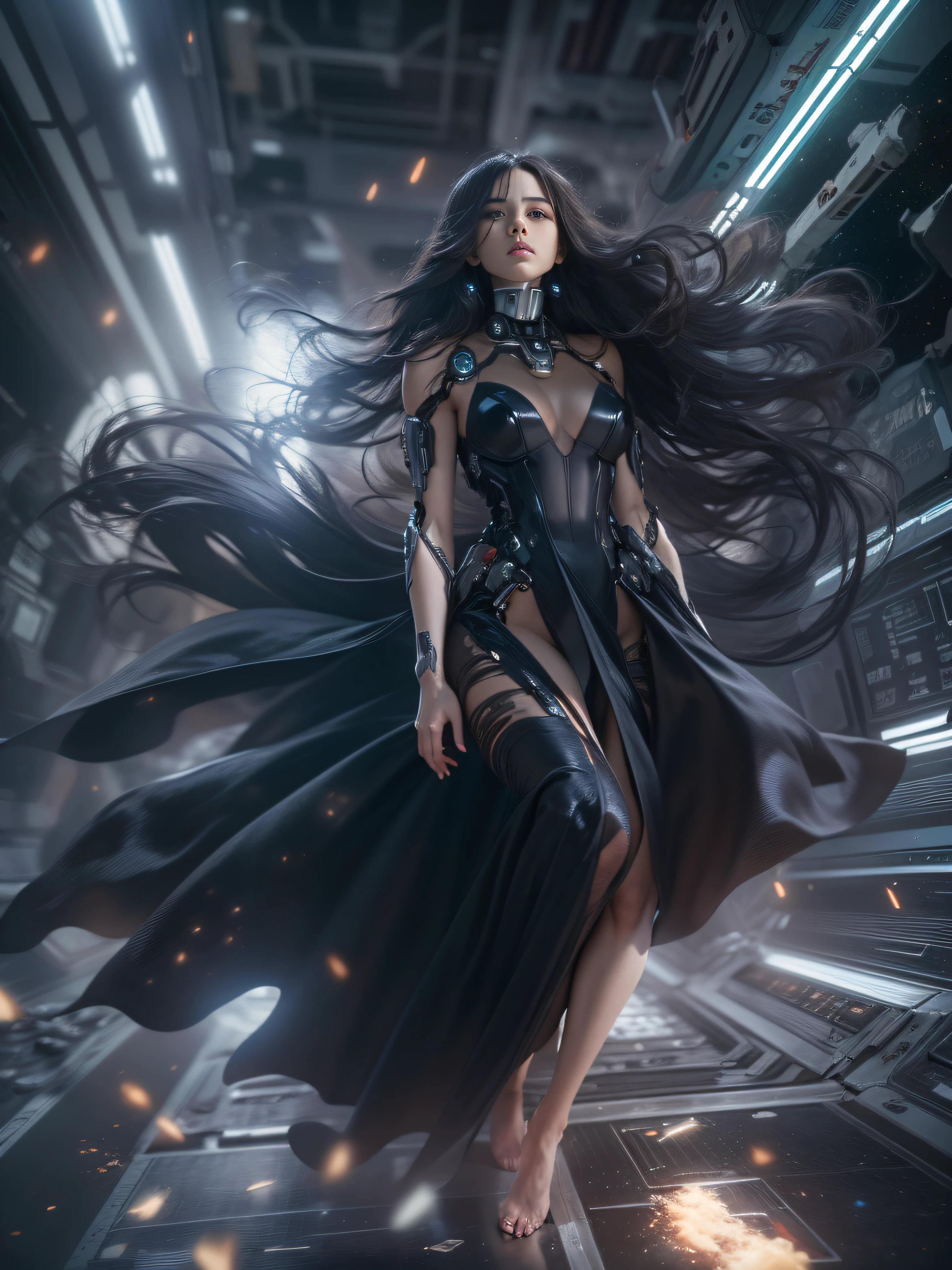 (Best Quality), Masterpiece, 8K, RAW, Stunning Black Silk Bride Naked,(Photo-realistic), Black silk Dress, Black long Hair, zero-gravity, Full-Body Portrait, dramatic Lighting, (Mecha:1.4), (Cybernetics:1.2), Space-station, Explosion in Background, Particles floating in Air