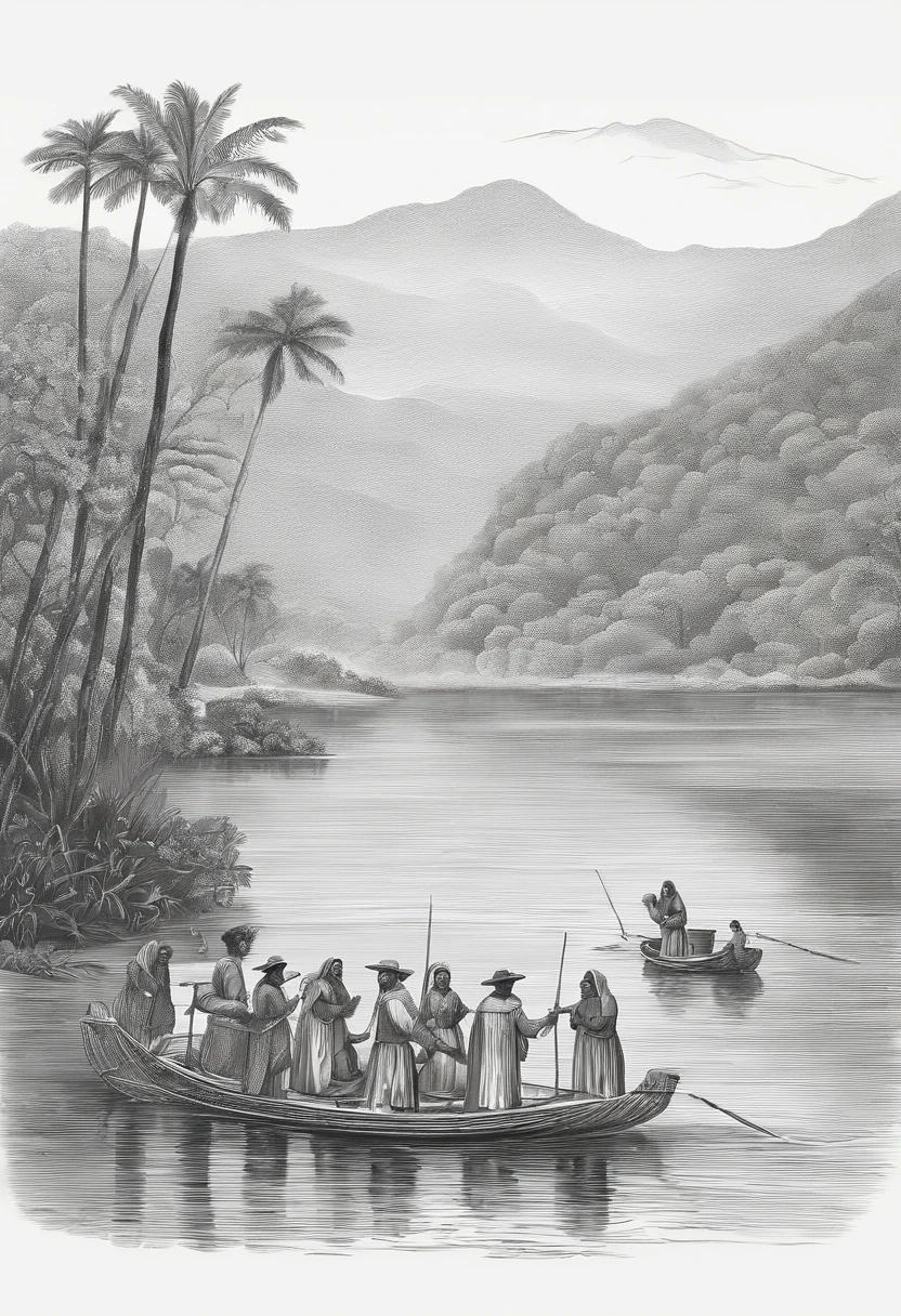 "Por favor, Create an artist's depiction of the event that took place in October 1717, in the region of Guaratinguetá, in the state of São Paulo, Brasil. Neste evento, Three Fishermen - Domingos Martins Garcia, João Alves and Filipe Pedroso - went fishing in the Paraíba River. After several unsuccessful attempts, They cast their net one last time into the water. Para a surpresa deles, em vez de peixes, eles puxaram do rio uma pequena imagem de madeira de uma figura feminina, apparently that of Our Lady of the Conception. I would like to see an artistic representation of this moment, Capturing the emotion and ambiance of image discovery. It should be in landscape format , Not Portrait"