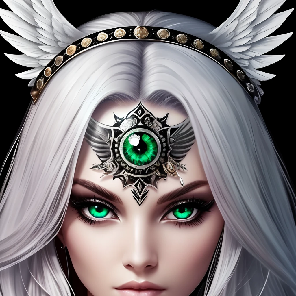 silver hair emerald  eye warrior high warlock female tattoo high cheekbone strong expression angelic quality --auto --s2