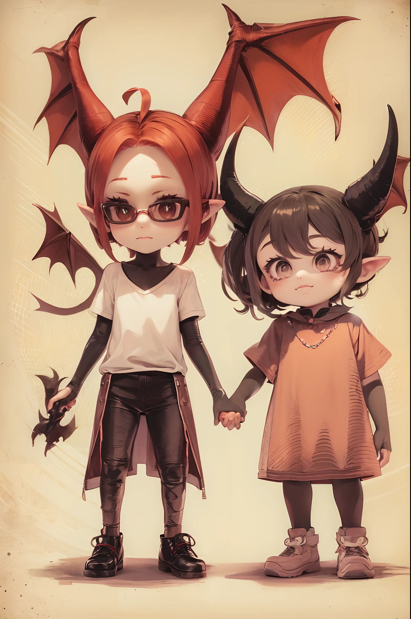 Little Devil Boy and Devil Girl Holding Hand, Bat Wings , Devil Horns, Devil Tail