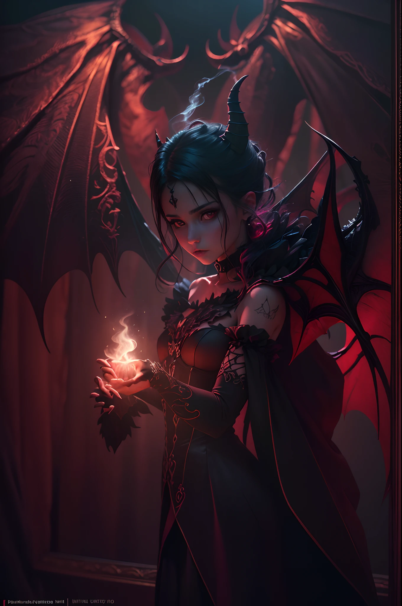 (best quality,4k,8k,highres,masterpiece:1.2),ultra-detailed,(realistic,photorealistic,photo-realistic:1.37),Little Devil Boy and Devil Girl Holding Hand, Bat Wings, Devil Horns, Devil Tail, vibrant colors, glowing background, mysterious lighting, digital art, dark fantasy style, gothic atmosphere, dramatic pose, surreal elements, intricate details, smoke effects