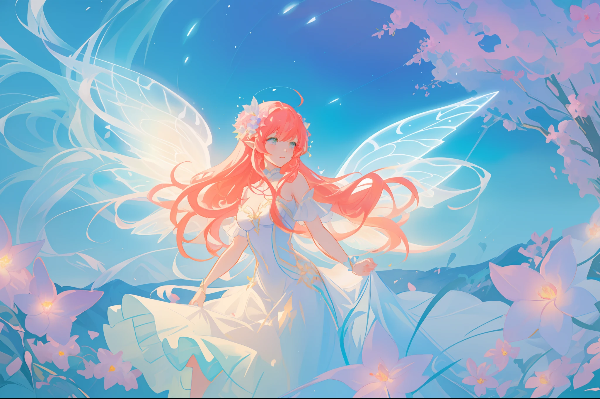 beautiful girl in flowing white fairy dress, (large glowing fairy wings), glowing flowing ballgown, long wavy red hair, otherworldly landscape, glowing flowers and plants, pastel colors, sparkling fairy wings, watercolor illustration, flowers and colorful plants, inspired by Glen Keane, inspired by Lois van Baarle, disney art style, by Lois van Baarle, glowing aura around her, by Glen Keane, jen bartel, glowing lights! digital painting, flowing glowing hair, glowing flowing hair, beautiful digital illustration, fantasia otherworldly landscape plants flowers, beautiful, masterpiece, best quality, anime disney style
