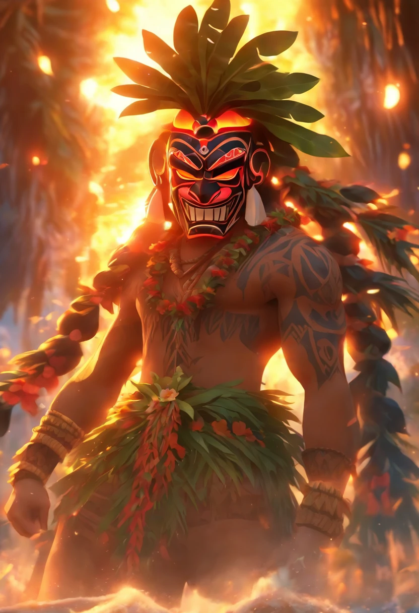 (((Hawaiian Ritual))) best quality, ultra-high resolution, 4K detailed CG, master piece, Man wearing a tribal mask, underworld, dark atmosphere, Dark weather, Hawaiian Totem, Tiki Totem, Tiki mask, Hawaiian clothing, Hawaii , Maori tattoos, Maori mythology, ((Tribal mask)), Maori image style, aesthetic, screen-centered, full body,full body