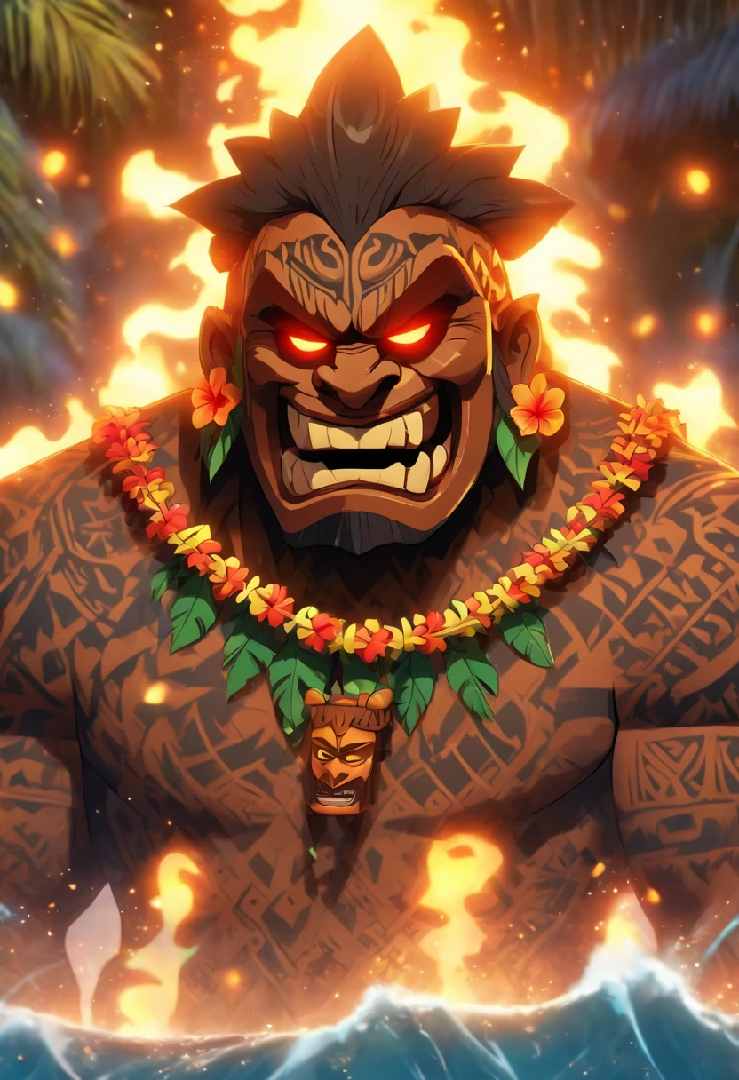 (((Hawaiian Ritual))) best quality, ultra-high resolution, 4K detailed CG, master piece, Man wearing a tribal mask, underworld, dark atmosphere, Dark weather, Hawaiian Totem, Tiki Totem, Tiki mask, Hawaiian clothing, Hawaii , Maori tattoos, Maori mythology, ((Tribal mask)), Maori image style, aesthetic, screen-centered, full body,full body