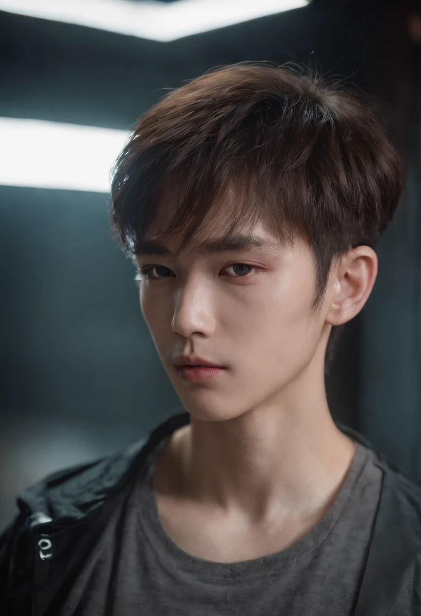 Foto de retrato de rosto completo de Hwang Hyunjin com  21 anos, .RAW, beautiful man, semi-open strawberry lips, Covinhas, melancholy gaze, olhos azuis, Pupilas grandes, large eyelashes, (cabelos loiro extra curtos), ((Rosto detalhado)), ((detailed facial features)), (pele finamente detalhada), pale skin, (decote profundo detalhado camiseta cyberpunk de alta tecnologia), ambiente cyberpunk cyberpunk megacity,  (cores frias), humid, humid, reflexions, (master part) (perfect aspect ratio) (Realistic photo) (best quality) (circunstanciado) filmado em uma Canon EOS R5, Lente 50mm, F/2.8, HDR, (8k) (papel de parede) (Cinematic lighting) (dramatic lighting) (foco nítido) (intrincado)