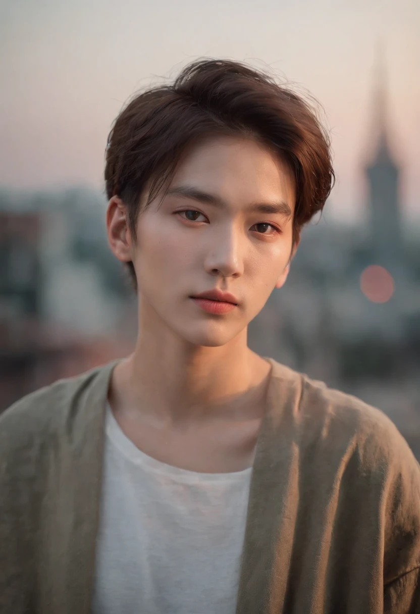 Foto de retrato de rosto completo de Hwang Hyunjin com  21 anos, .RAW, beautiful man, semi-open strawberry lips, Covinhas, melancholy gaze, olhos azuis, Pupilas grandes, large eyelashes, (cabelos loiro extra curtos), ((Rosto detalhado)), ((detailed facial features)), (pele finamente detalhada), pale skin, (decote profundo detalhado camiseta cyberpunk de alta tecnologia), ambiente cyberpunk cyberpunk megacity,  (cores frias), humid, humid, reflexions, (master part) (perfect aspect ratio) (Realistic photo) (best quality) (circunstanciado) filmado em uma Canon EOS R5, Lente 50mm, F/2.8, HDR, (8k) (papel de parede) (Cinematic lighting) (dramatic lighting) (foco nítido) (intrincado)