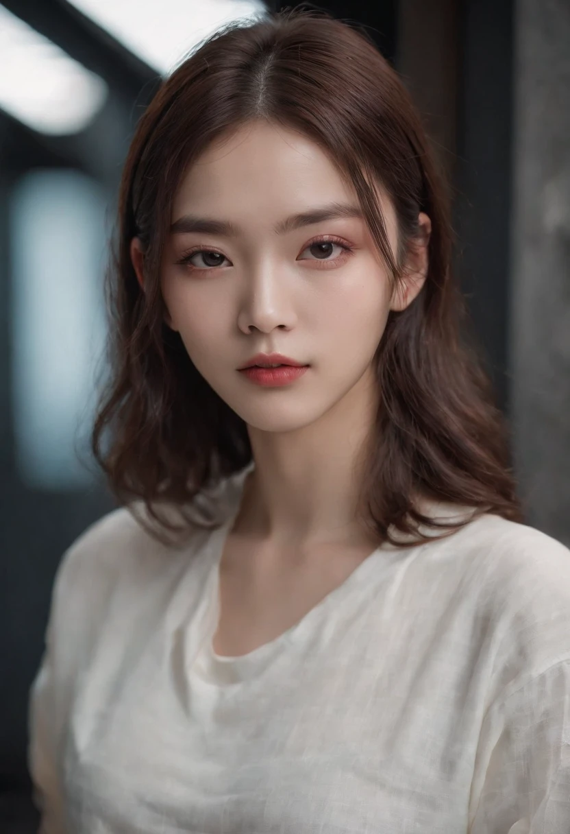 Foto de retrato de rosto completo de Hwang Hyunjin com 21 anos, .RAW, beautiful man, semi-open strawberry lips, Covinhas, melancholy gaze, olhos azuis, Pupilas grandes, large eyelashes, (cabelos loiro extra curtos), ((Rosto detalhado)), ((detailed facial features)), (pele finamente detalhada), pale skin, (decote profundo detalhado camiseta cyberpunk de alta tecnologia), ambiente cyberpunk cyberpunk megacity, (cores frias), humid, humid, reflexions, (master part) (perfect aspect ratio) (Realistic photo) (best quality) (circunstanciado) filmado em uma Canon EOS R5, Lente 50mm, F/2.8, HDR, (8k) (papel de parede) (Cinematic lighting) (dramatic lighting) (foco nítido) (intrincado)