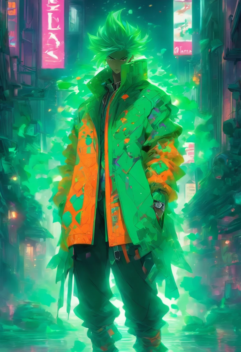 Visualiza una imagen en la que un hombre se encuentra en el centro de la escena, vistiendo un conjunto de prendas de estilo urbano que evoca la creatividad de Alexander McQueen. The color palette leans towards cool tones, pero el color verde destaca como protagonista absoluto en su atuendo. Sus pantalones, holgados y sueltos, They show irregular closures that add a touch of originality and rebellion to their style. En sus pies, Wear boots that fuse elements of traditional fashion with a design inspired by artificial intelligence, creating a futuristic and unique look. La chaqueta que viste es voluminosa, recordando a los abrigos de invierno, but with organic textures that provide a sense of contrast and sophistication. Este conjunto de prendas es verdaderamente singular, representing the confluence of contemporary fashion and the influence of artificial intelligence on design. En esta imagen, el hombre modelo se convierte en un icono de la moda, confidently displaying an outfit that embodies innovation, Creativity and the vision of a stylized future."