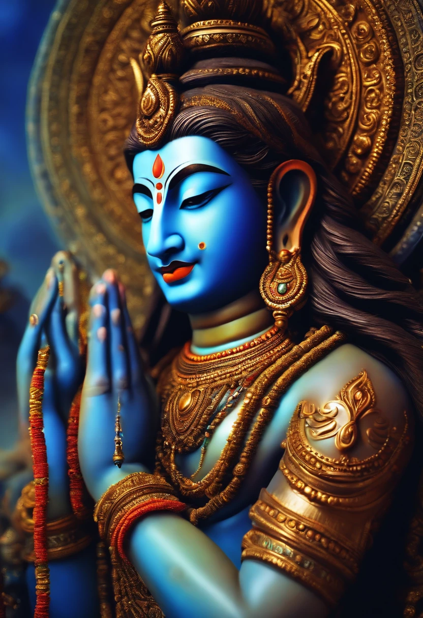 Generate an image of Lord Shiva (Mahadev) in deep meditation in the Himalayan mountains, Very bright colors, Light particles, with light glowing, Mshiff, wallpaper art, UHD wallpaper