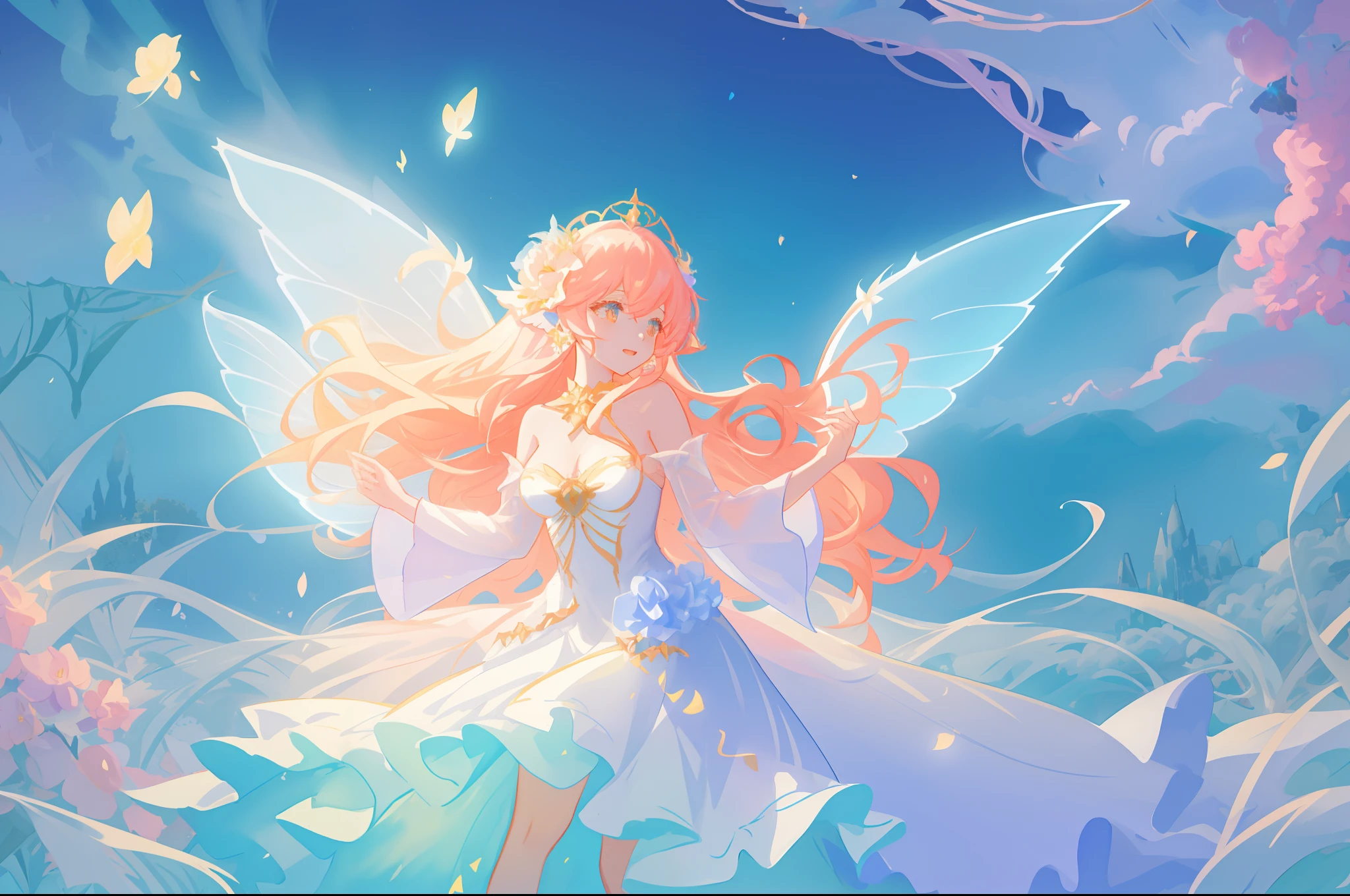 beautiful girl in flowing white dress, (glowing fairy wings), glowing flowing ballgown, long wavy hair, sparkling fairy wings, watercolor illustration, flowers and colorful plants, inspired by Glen Keane, inspired by Lois van Baarle, disney art style, by Lois van Baarle, glowing aura around her, by Glen Keane, jen bartel, glowing lights! digital painting, flowing glowing hair, glowing flowing hair, beautiful digital illustration, fantasia otherworldly landscape plants flowers, beautiful, masterpiece, best quality, anime disney style