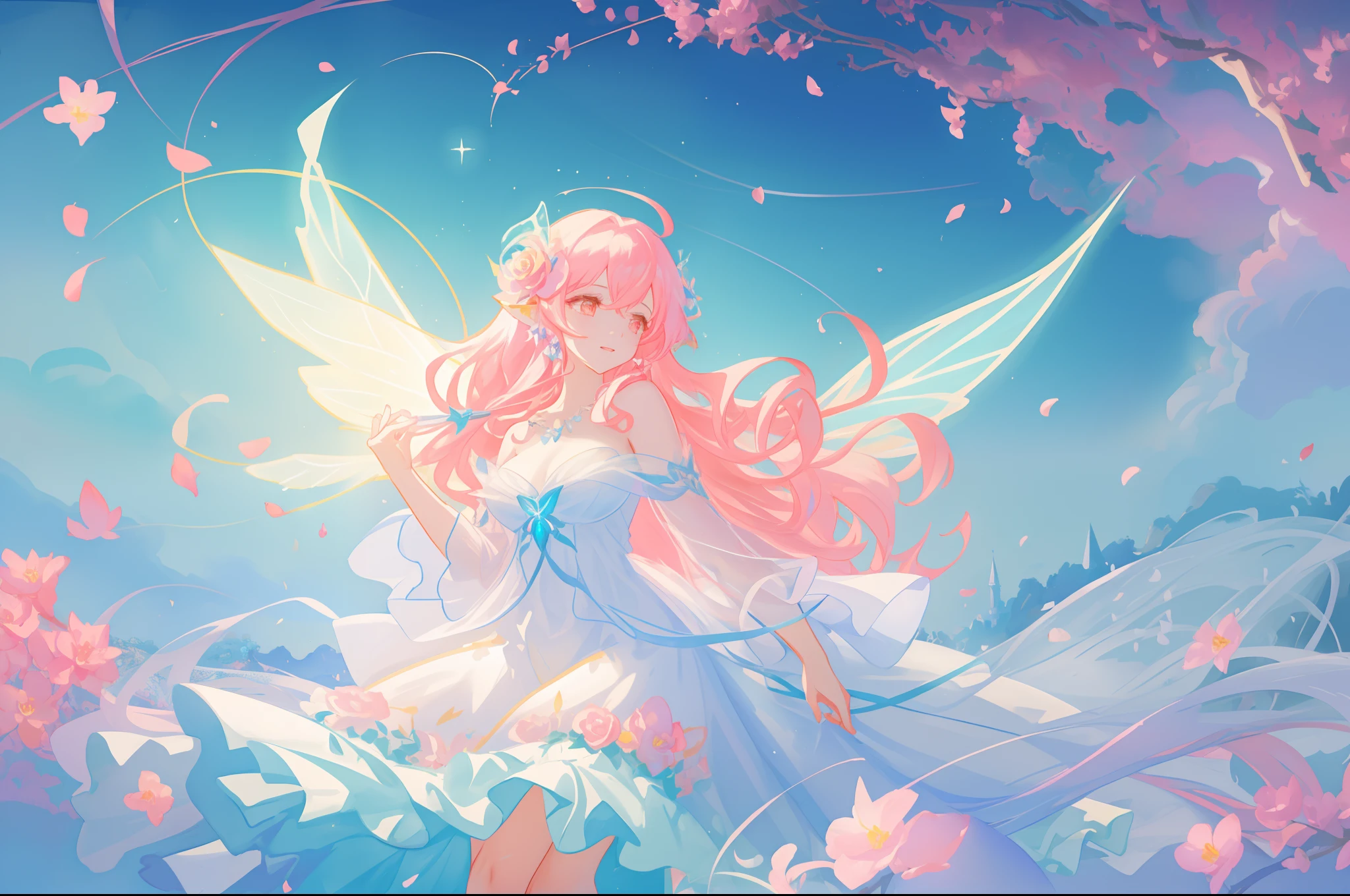 beautiful girl in flowing white fairy dress, (large glowing fairy wings), glowing flowing ballgown, long wavy red hair, otherworldly landscape, glowing flowers and plants, pastel colors, sparkling fairy wings, watercolor illustration, flowers and colorful plants, inspired by Glen Keane, inspired by Lois van Baarle, disney art style, by Lois van Baarle, glowing aura around her, by Glen Keane, jen bartel, glowing lights! digital painting, flowing glowing hair, glowing flowing hair, beautiful digital illustration, fantasia otherworldly landscape plants flowers, beautiful, masterpiece, best quality, anime disney style