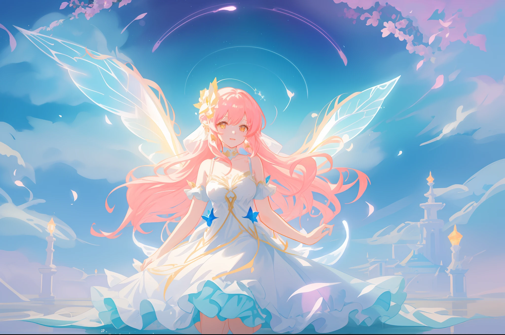 beautiful girl in flowing white dress, (glowing fairy wings), glowing flowing ballgown, long wavy hair, sparkling fairy wings, watercolor illustration, flowers and colorful plants, inspired by Glen Keane, inspired by Lois van Baarle, disney art style, by Lois van Baarle, glowing aura around her, by Glen Keane, jen bartel, glowing lights! digital painting, flowing glowing hair, glowing flowing hair, beautiful digital illustration, fantasia otherworldly landscape plants flowers, beautiful, masterpiece, best quality, anime disney style