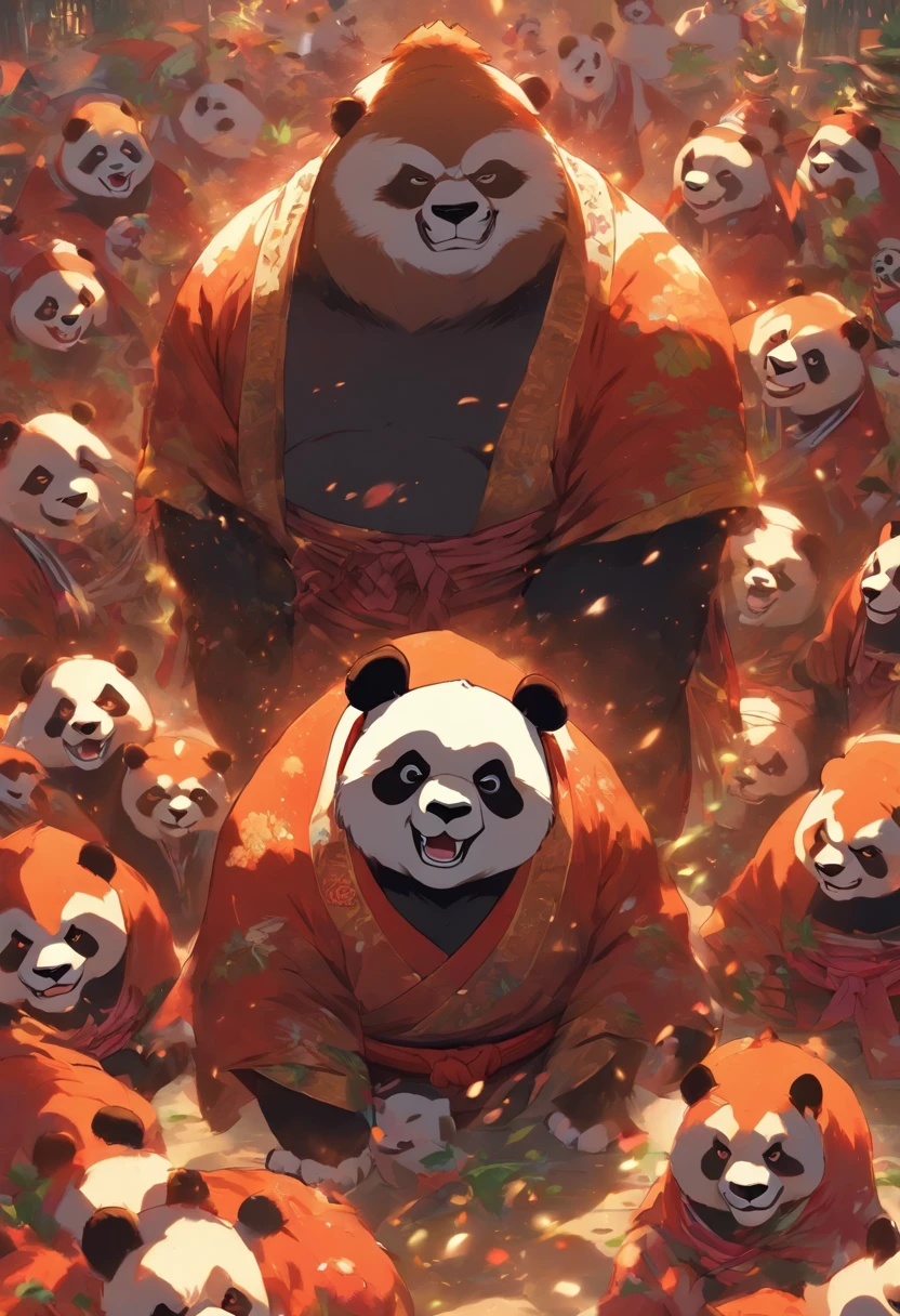 Homem-fera panda gigante,antropomorfo, lutador, em uma postura de luta de sumo, em um templo, feroz, serio, cicatrizes pelo corpo todo, 4k imagem, Estilo anime